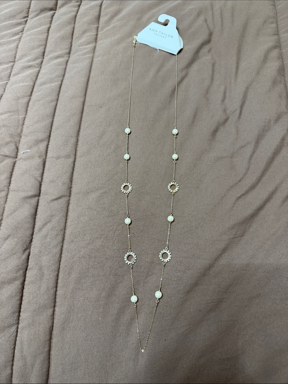 Ann Taylor Gold Tone Necklace with Cream Beads and Floral Stations
